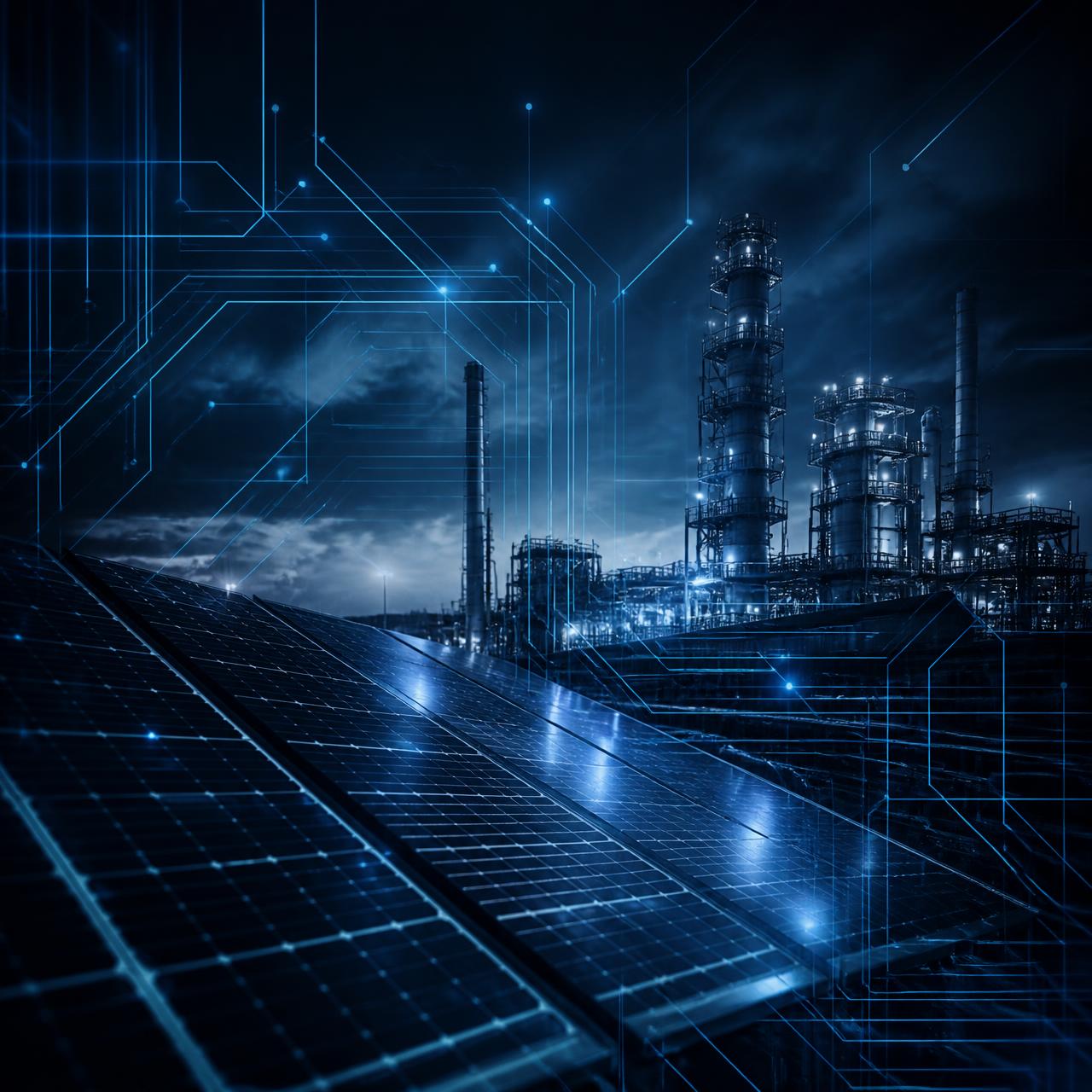 Instalação industrial com painéis solares e linhas de circuito em azul ciano